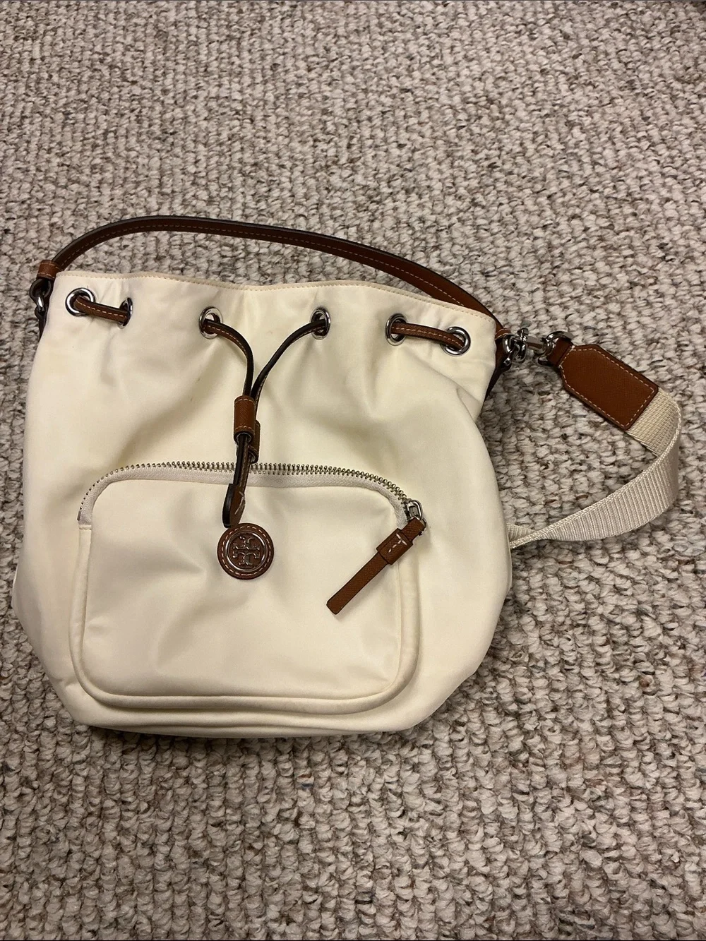 Tory Burch Cream Drawstring Bucket Bag with Brown Trim
